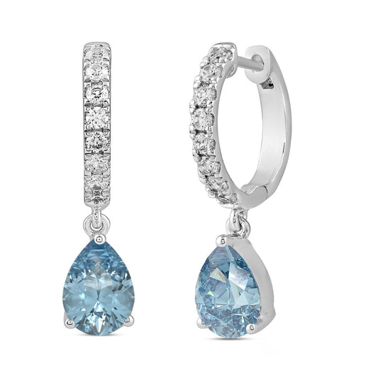 14K WHITE GOLD 2.00CT ROUND/BLUE PEAR DIAMOND LADIES EARRINGS 