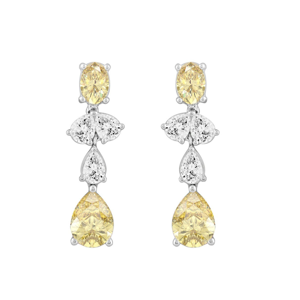 14K WHITE GOLD 3 1/2CT OVAL/PEAR DIAMOND LADIES EARRINGS (YELLOW PEAR DIAMOND 3/4CT/YELLOW OVAL DIAMOND 1/2CT)