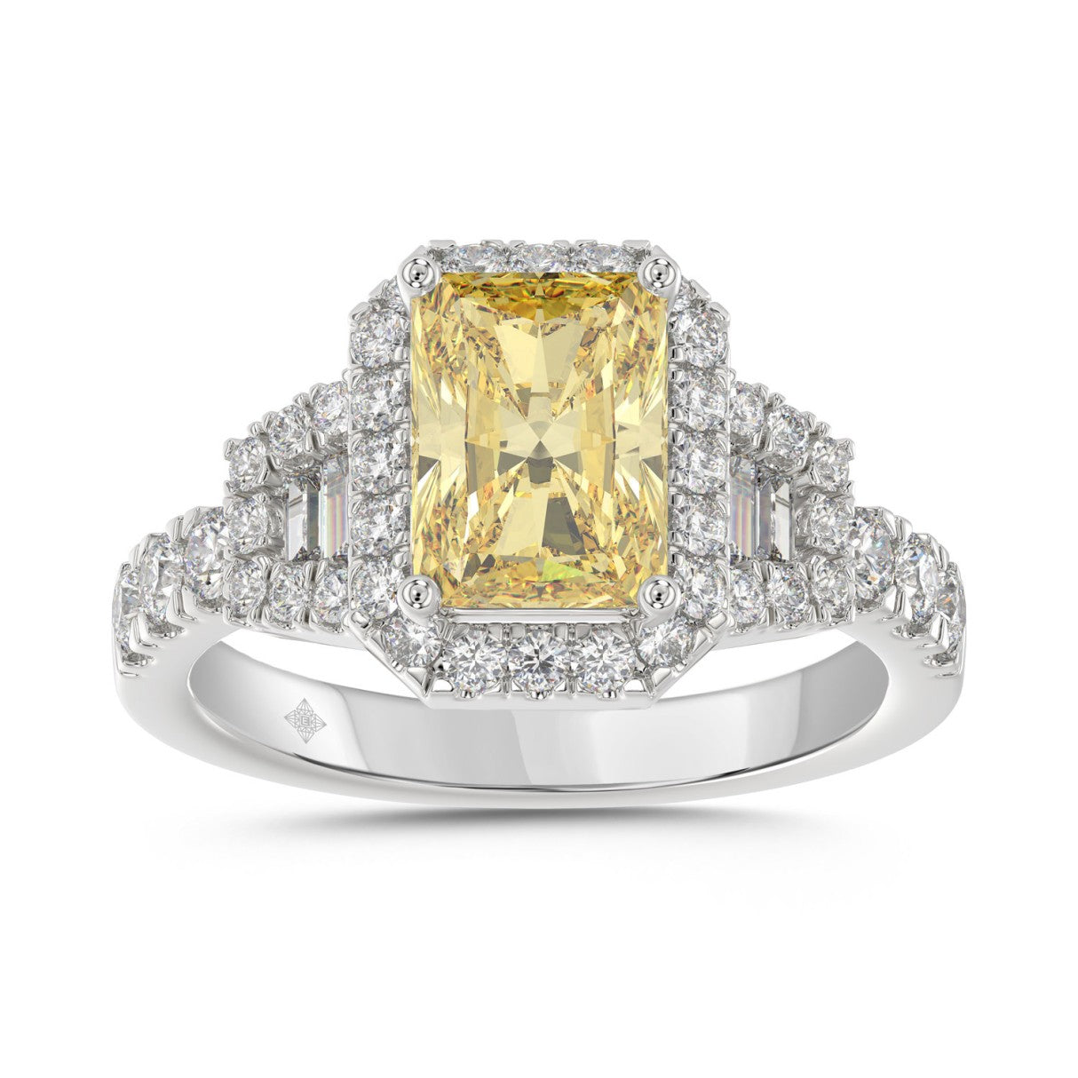 Luxury 14K White Gold 2.3/4Ct Round/Baguette & Radiant Lab Grown Diamond Engagement Halo Ring Yellow 2.00 Ct Radiant Cut Center