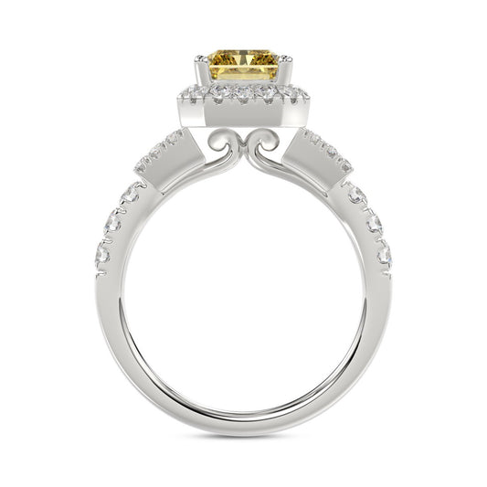 Luxury 14K White Gold 2.3/4Ct Round/Baguette & Radiant Lab Grown Diamond Engagement Halo Ring Yellow 2.00 Ct Radiant Cut Center