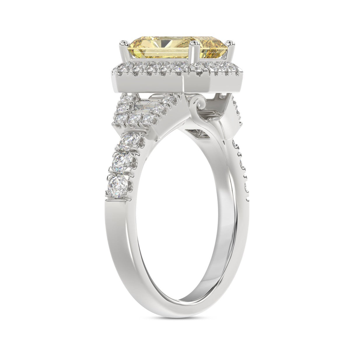 Luxury 14K White Gold 2.3/4Ct Round/Baguette & Radiant Lab Grown Diamond Engagement Halo Ring Yellow 2.00 Ct Radiant Cut Center