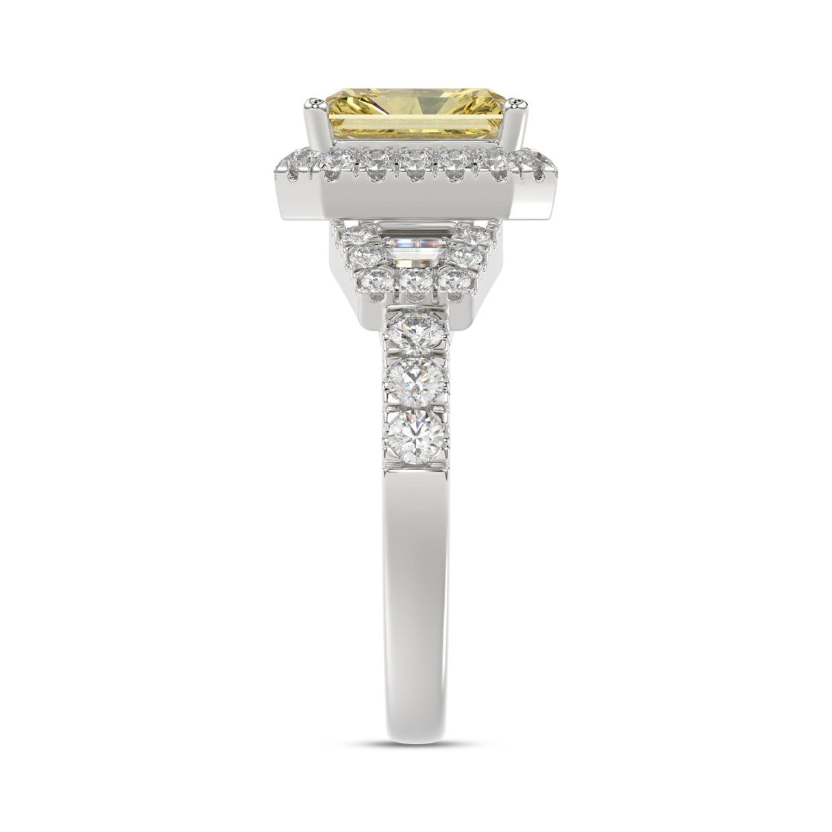 Luxury 14K White Gold 2.3/4Ct Round/Baguette & Radiant Lab Grown Diamond Engagement Halo Ring Yellow 2.00 Ct Radiant Cut Center