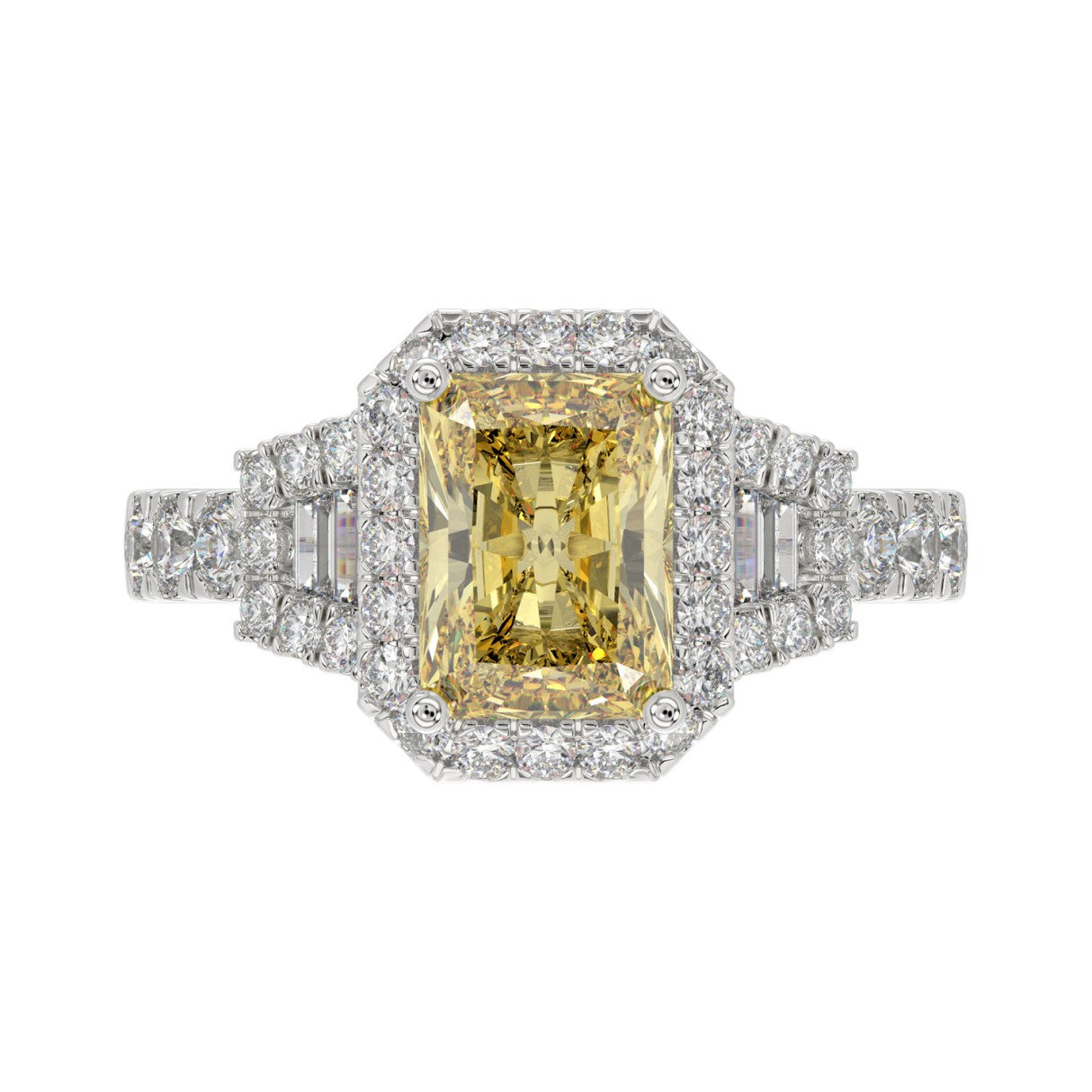 Luxury 14K White Gold 2.3/4Ct Round/Baguette & Radiant Lab Grown Diamond Engagement Halo Ring Yellow 2.00 Ct Radiant Cut Center