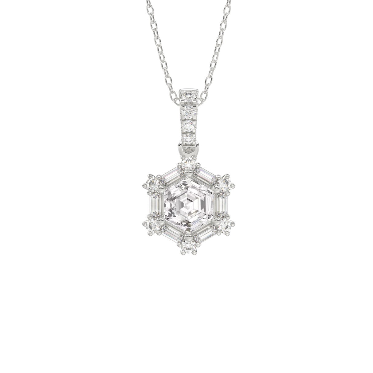 14K WHITE GOLD 1.00CT ROUND/BAGUETTE/HEXAGON STEP CUT DIAMOND LADIES PENDANT