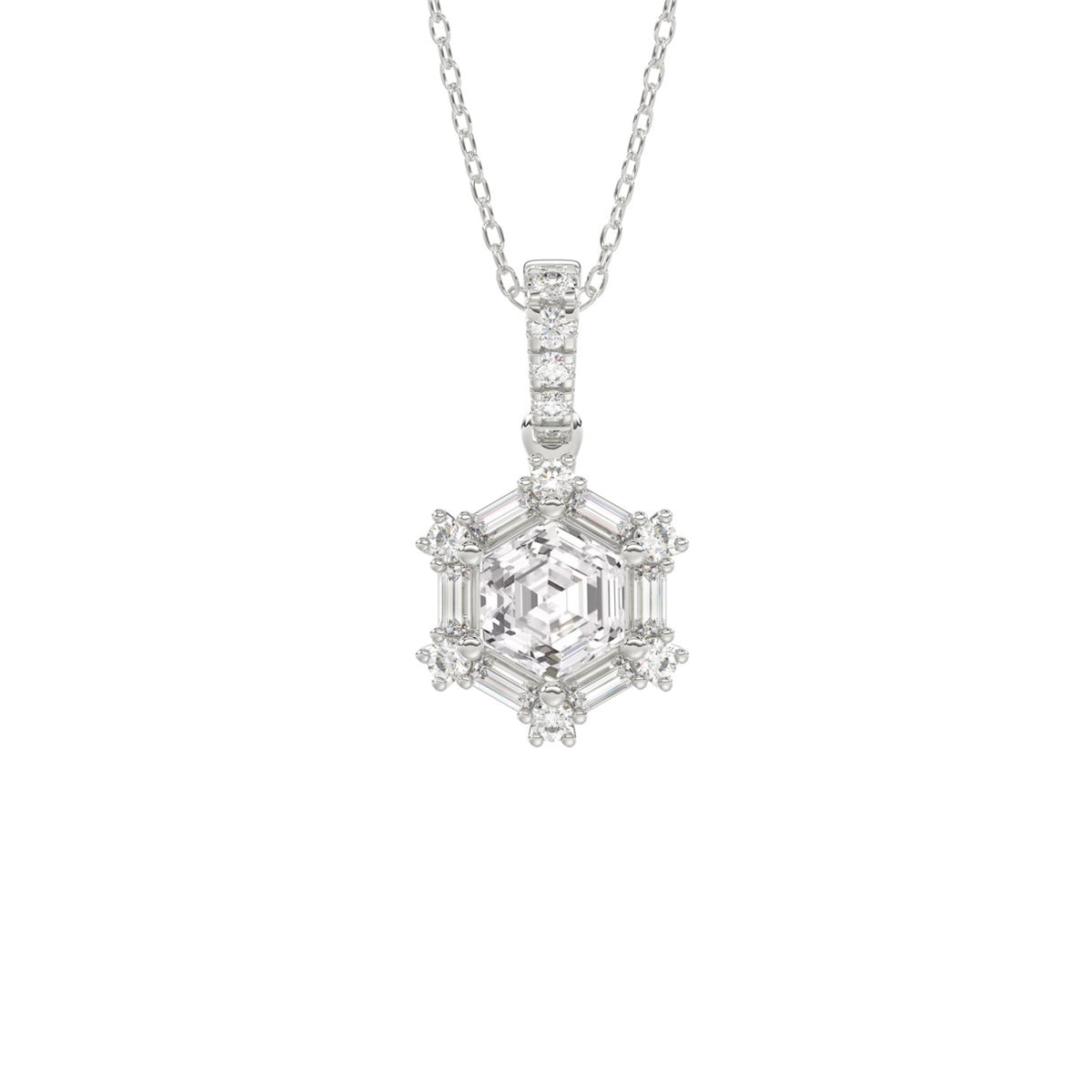 14K WHITE GOLD 1.00CT ROUND/BAGUETTE/HEXAGON STEP CUT DIAMOND LADIES PENDANT