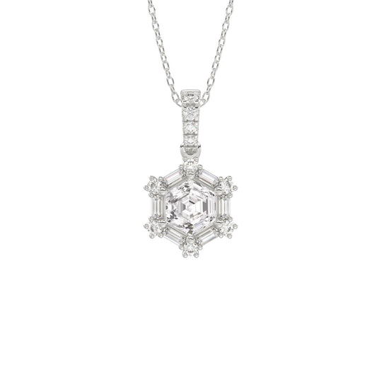14K WHITE GOLD 1.00CT ROUND/BAGUETTE/HEXAGON STEP CUT DIAMOND LADIES PENDANT