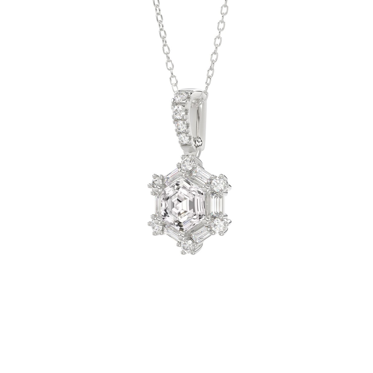 14K WHITE GOLD 1.00CT ROUND/BAGUETTE/HEXAGON STEP CUT DIAMOND LADIES PENDANT