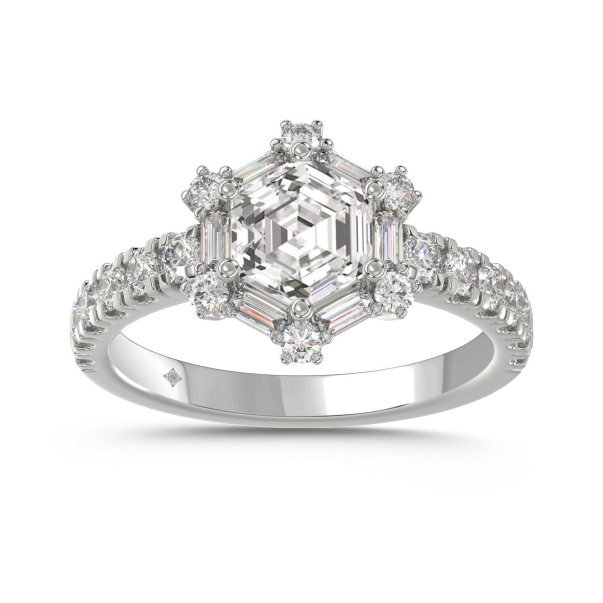 14K WHITE GOLD 1 3/4CT ROUND/BAGUETTE/HEZAGON STEP CUT DIAMOND LADIES RING