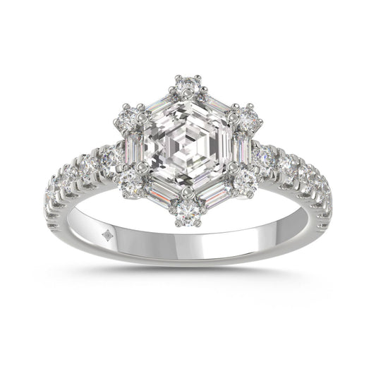 14K WHITE GOLD 1 3/4CT ROUND/BAGUETTE/HEXAGON STEP CUT DIAMOND LADIES RING