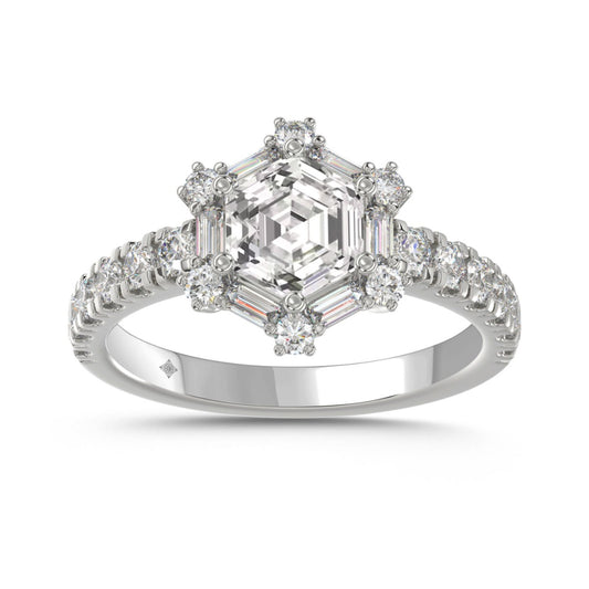 14K WHITE GOLD 1 3/4CT ROUND/BAGUETTE/HEZAGON STEP CUT DIAMOND LADIES RING