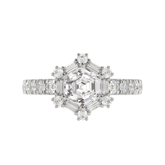 14K WHITE GOLD 1 3/4CT ROUND/BAGUETTE/HEXAGON STEP CUT DIAMOND LADIES RING