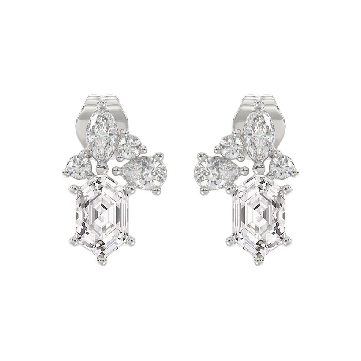 14K WHITE GOLD 1 1/2CT ROUND/MARQUISE/PEAR/HEXAGON STEP CUT LADIES EARRINGS