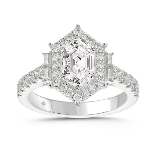 14K WHITE GOLD 2 1/4CT ROUND/BAGUETTE/HEXAGON DIAMOND LADIES RING