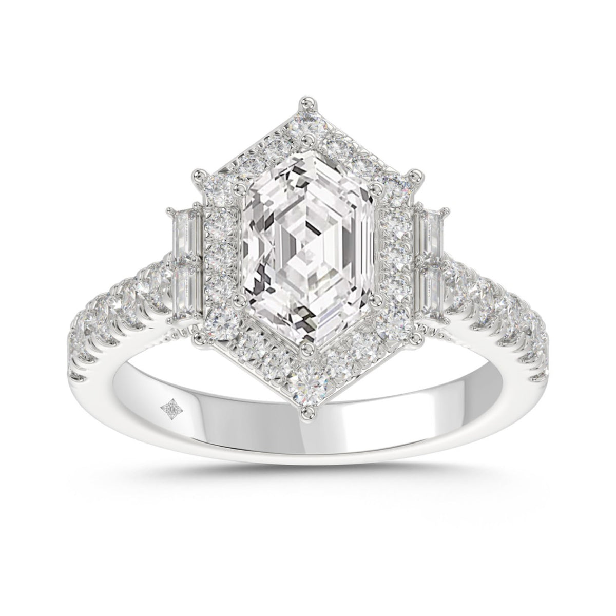 14K WHITE GOLD 2 1/4CT ROUND/BAGUETTE/HEXAGON DIAMOND LADIES RING