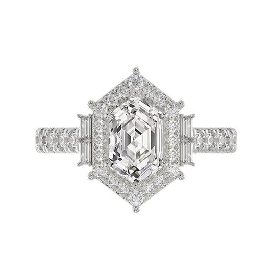 14K WHITE GOLD 2 1/4CT ROUND/BAGUETTE/HEXAGON DIAMOND LADIES RING