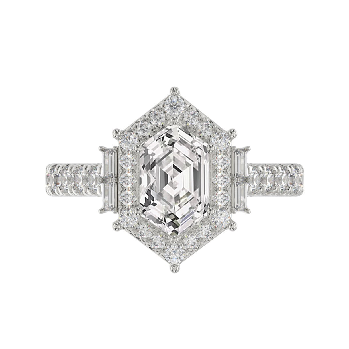 14K WHITE GOLD 2 1/4CT ROUND/BAGUETTE/HEXAGON DIAMOND LADIES RING
