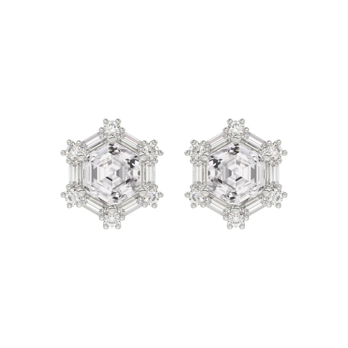 14K WHITE GOLD 1 1/4CT ROUND/BAGUETTE/HEZAGON STEP CUT DIAMOND LADIES EARRINGS