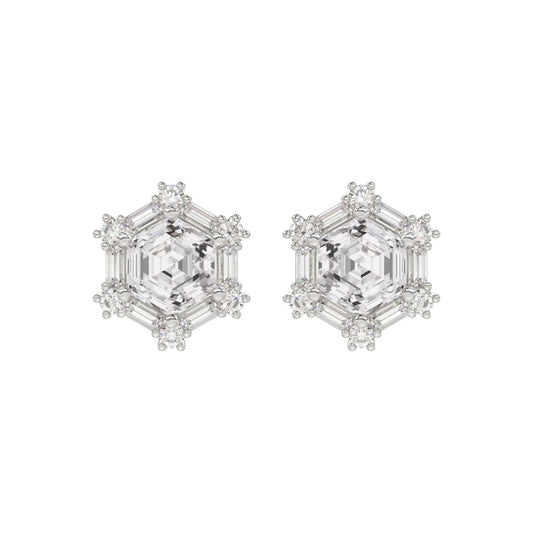 14K WHITE GOLD 1 1/4CT ROUND/BAGUETTE/HEXAGON STEP CUT DIAMOND LADIES EARRINGS