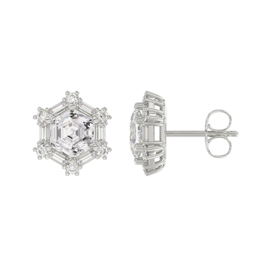14K WHITE GOLD 1 1/4CT ROUND/BAGUETTE/HEXAGON STEP CUT DIAMOND LADIES EARRINGS