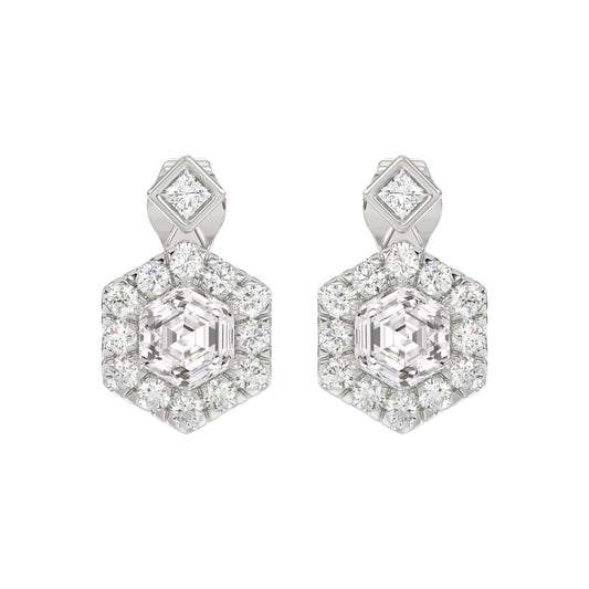 14KWHITE GOLD 2 1/4CT ROUND/HEXAGON STEP CUT DIAMOND LADIES EARRINGS