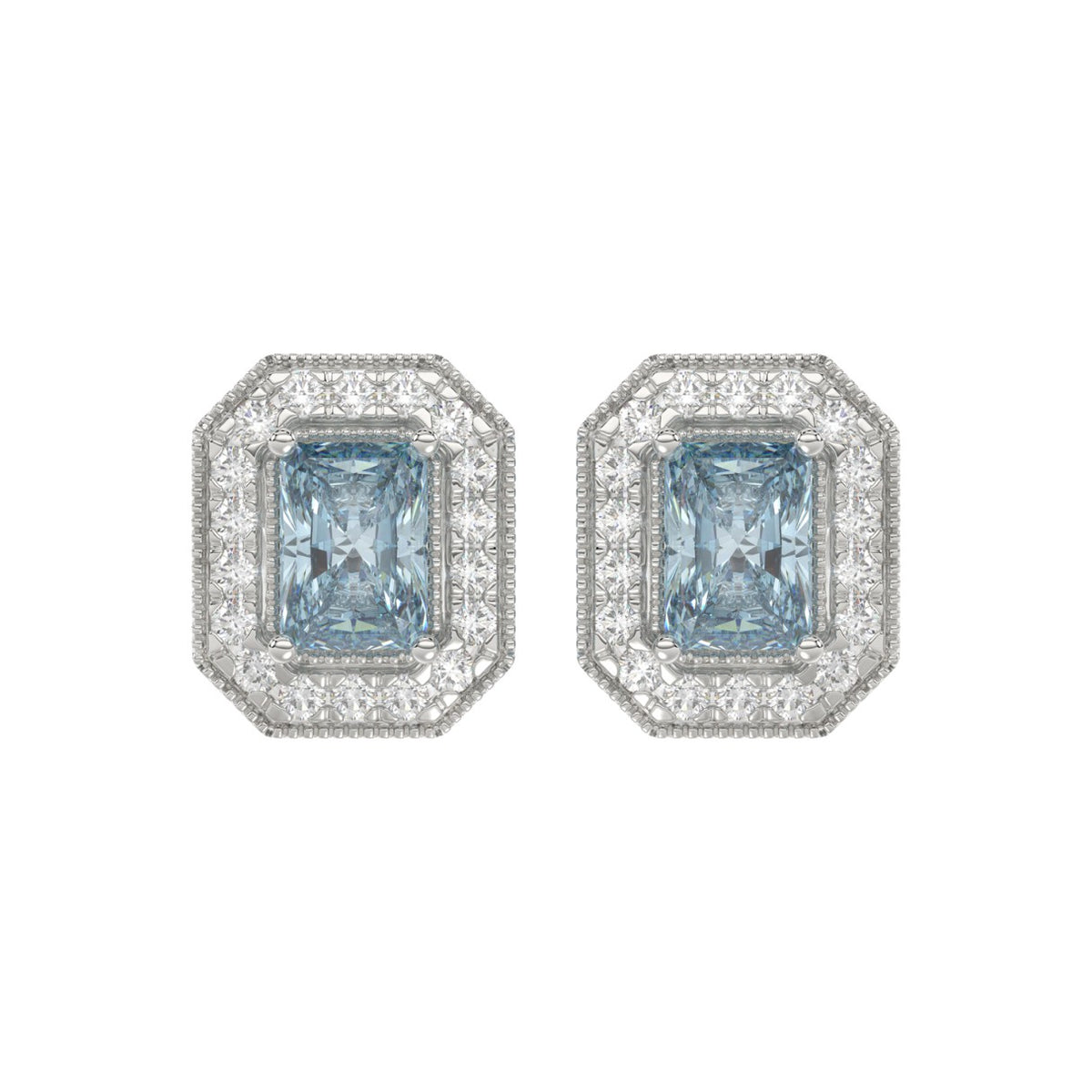 14K WHITE GOLD CRAFTED WITH 18K YELLOW GOLD BACK PLATE 1 1/4CT ROUND/BLUE EMERALD DIAMOND LADIES EARRINGS
