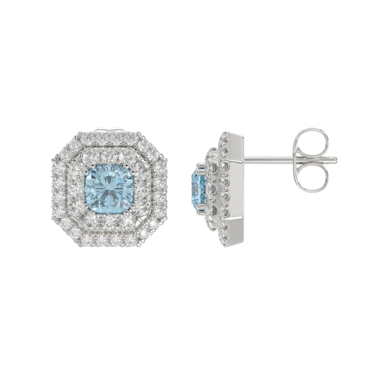 14K WHITE GOLD CRAFTED WITH 18K YELLOW GOLD BACK PLATE 1 1/2CT ROUND/BLUE CUSHION DIAMOND LADIES EARRINGS