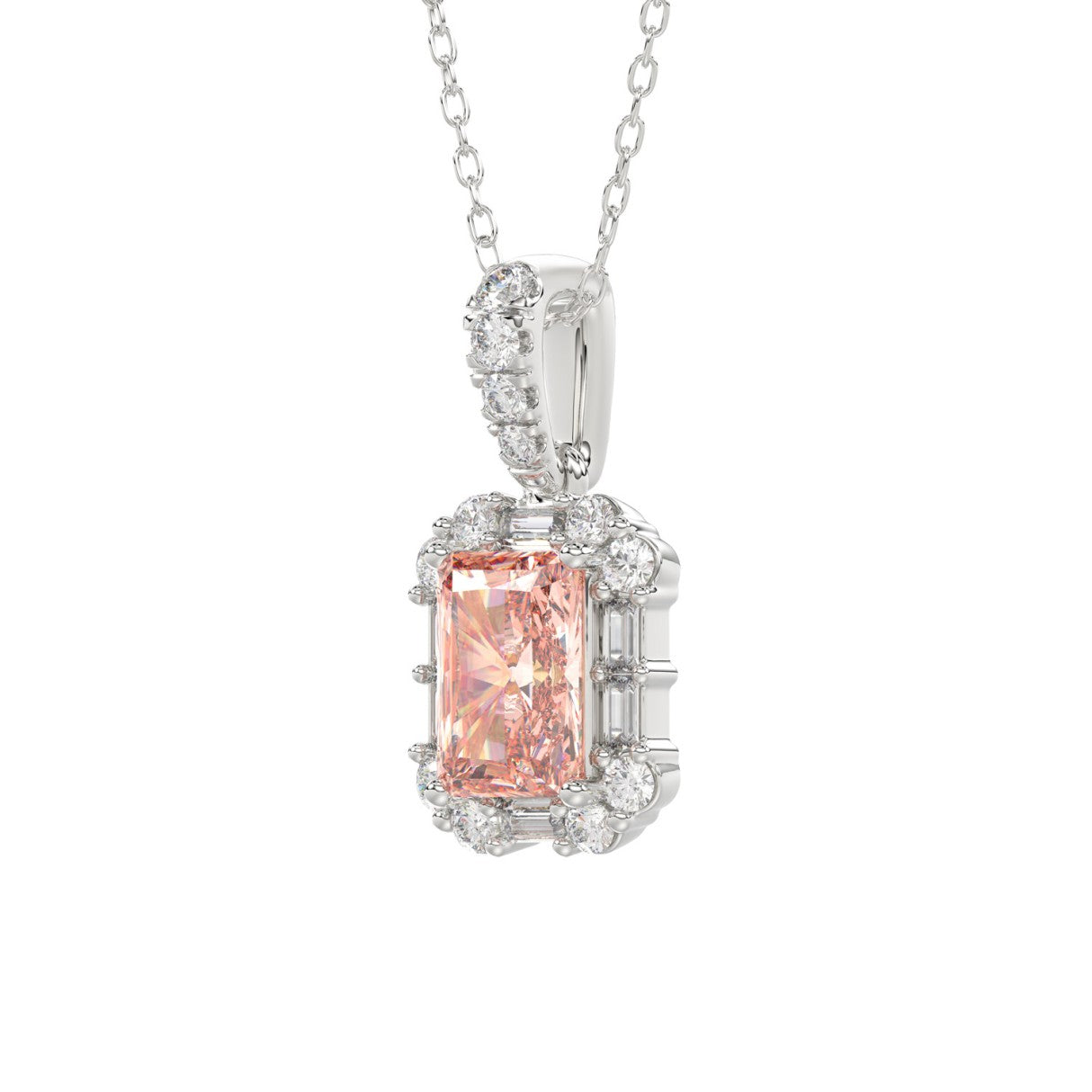 ETERNAL BLUSH COLLECTION 14K WHITE GOLD 1 1/4CT ROUND/PINK RADIANT/BAGUETTE DIAMOND LADIES PENDANT WITH CHAIN