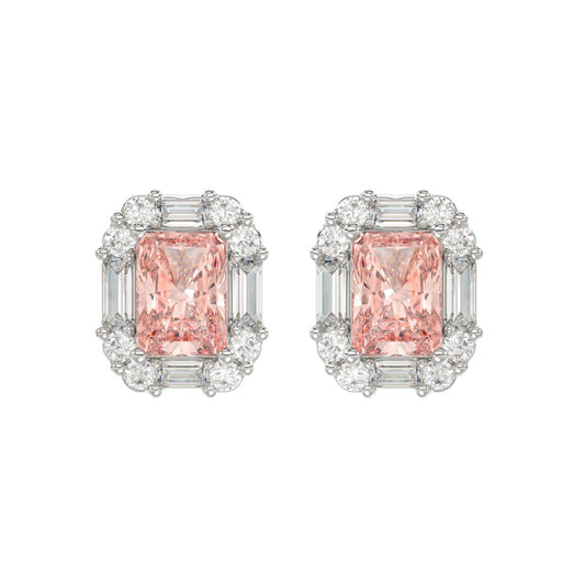 14K WHITE GOLD CRAFTED WITH 18K YELLOW GOLD BACK PLATE 1 1/3CT ROUND/PINK RADIANT/BAGUETTE DIAMOND LADIES EARRINGS