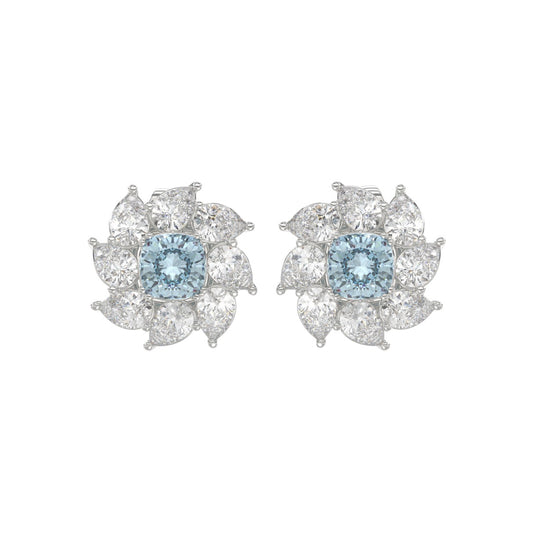 14K WHITE GOLD CRAFTED WITH 18K YELLOW GOLD BACK PLATE 2 5/8CT PEAR/BLUE CUSHION DIAMOND LADIES EARRINGS