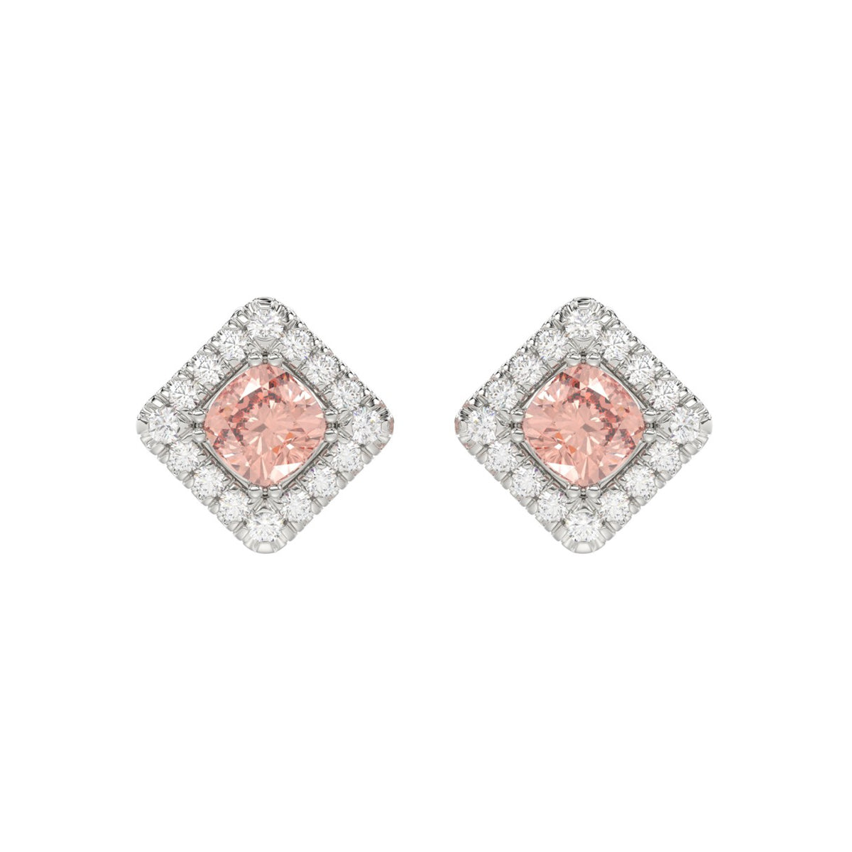 14K WHITE GOLD CRAFTED WITH 18K YELLOW GOLD BACK PLATE 1 1/4CT ROUND/PINK CUSHION DIAMOND LADIES EARRINGS
