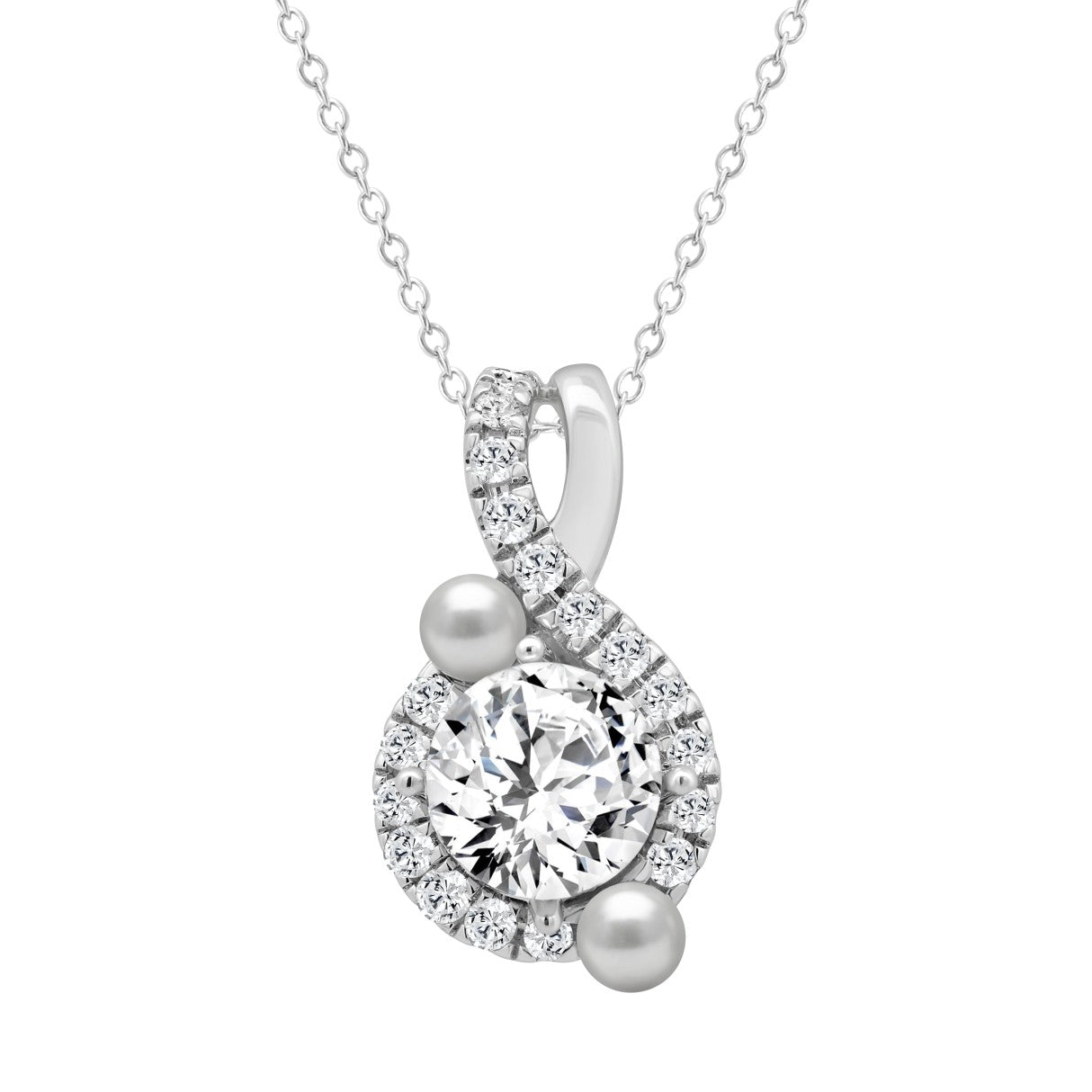 14K WHITE GOLD 1 1/4CT ROUND/PEARL DIAMOND LADIES PENDANT WITH CHAIN