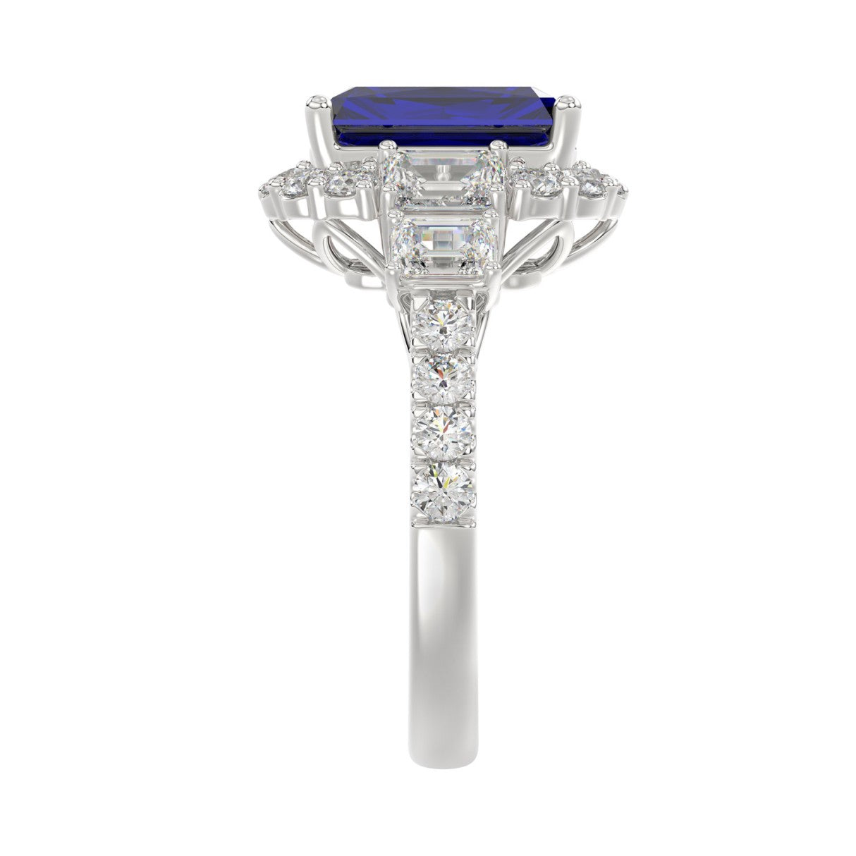 14K WHITE GOLD 4 1/2CT ROUND/EMERALD DIAMOND LADIES RING (CENTER STONE EMERALD BLUE SAPPHIRE DIAMOND 3CT)
