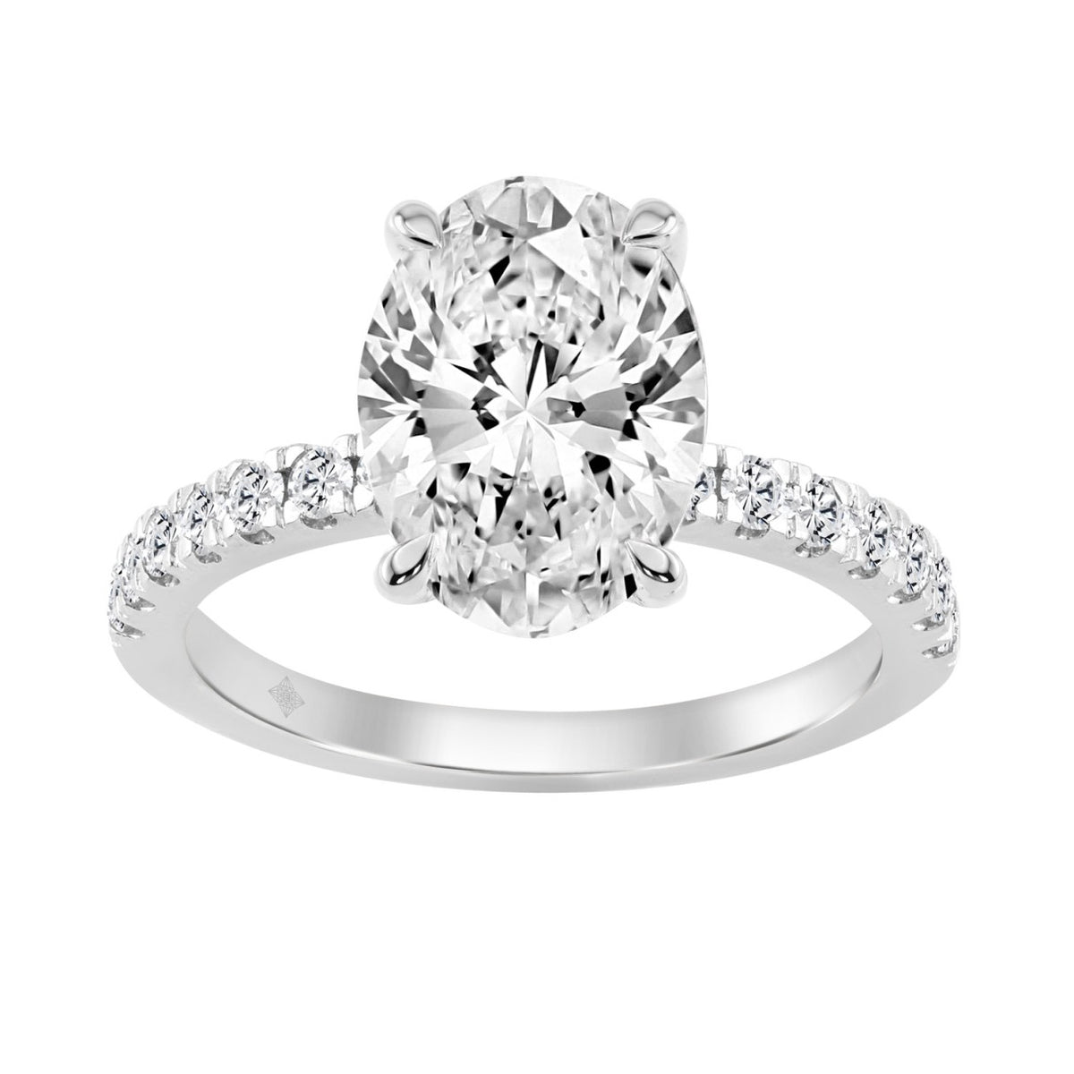 14K WHITE GOLD 3 1/2CT ROUND/OVAL DIAMOND LADIES RING (CENTER STONE OVAL DIAMOND 3CT)