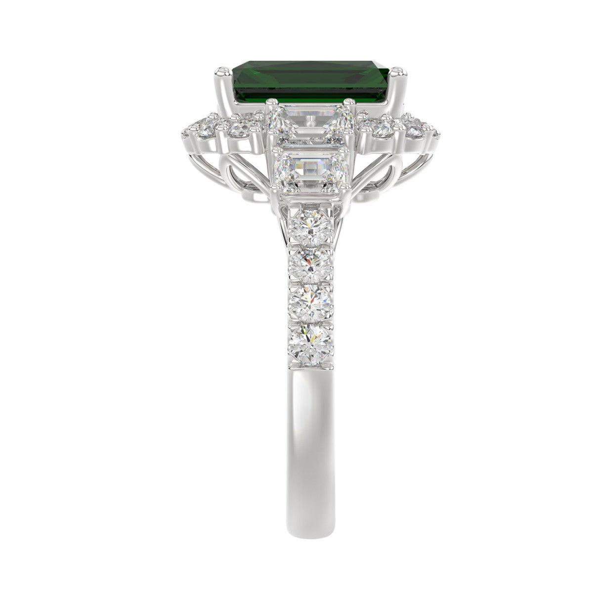 14K WHITE GOLD 4 1/2CT ROUND/EMERALD DIAMOND LADIES RING (CENTER STONE GREEN EMERALD DIAMOND 3CT)