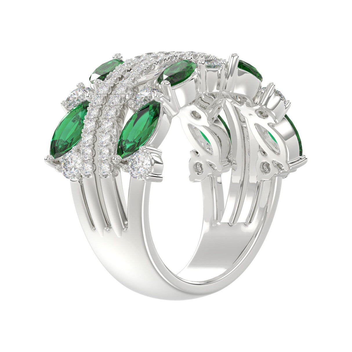 14K WHITE GOLD 2 3/8CT ROUND/MARQUISE DIAMOND LADIES RING (GREEN EMERALD MARQUISE DIAMOND 1 1/2CT)