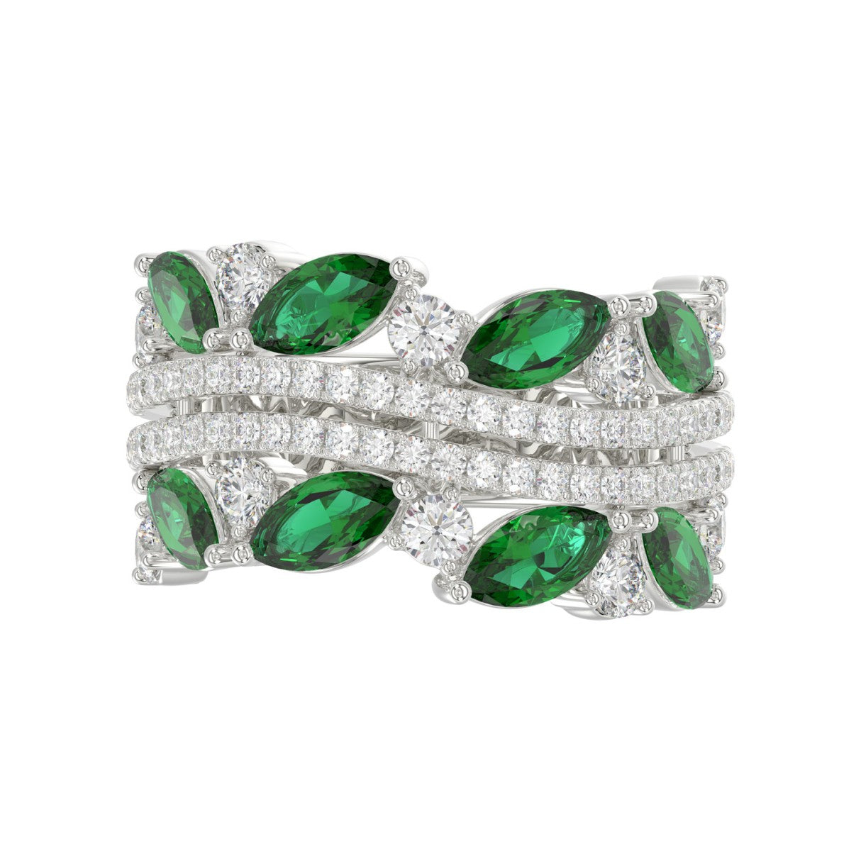14K WHITE GOLD 2 3/8CT ROUND/MARQUISE DIAMOND LADIES RING (GREEN EMERALD MARQUISE DIAMOND 1 1/2CT)