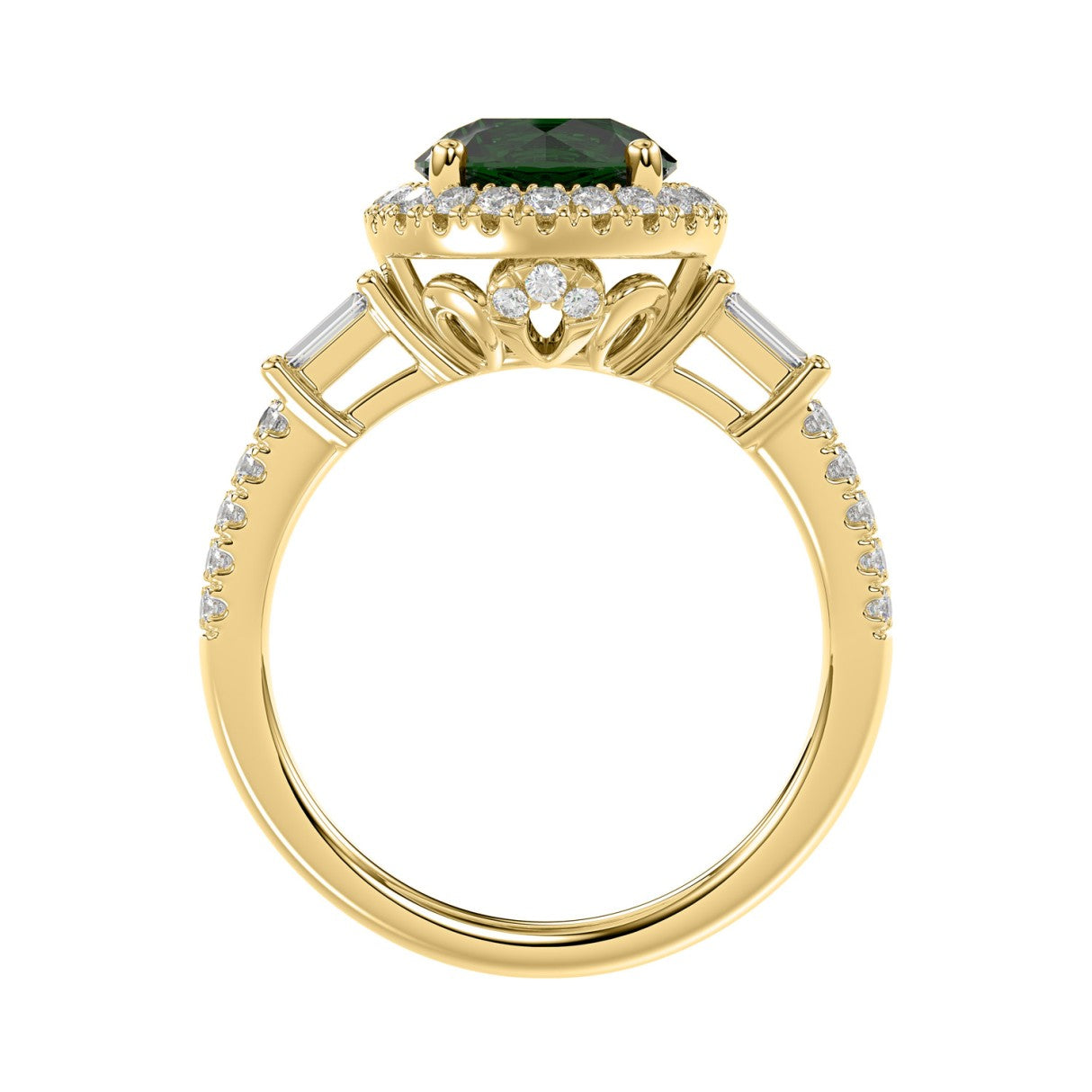 14K YELLOW GOLD 2 1/2CT ROUND/BAGUETTE DIAMOND LADIES RING (CENTER STONE GREEN EMERALD ROUND DIAMOND 2CT)