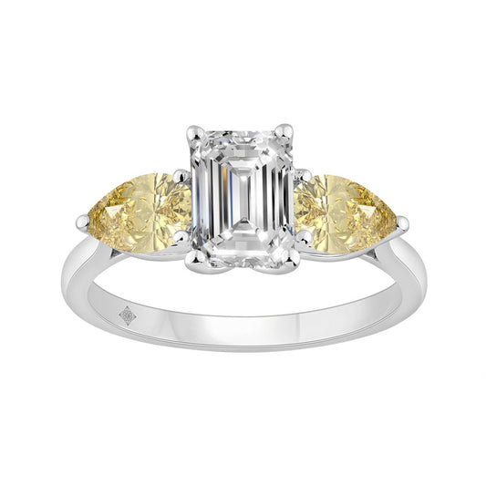 14K WHITE GOLD 2 1/2CT EMERALD/YELLOW PEAR DIAMOND LADIES RING (CENTER STONE EMERALD DIAMOND 1 1/2CT)
