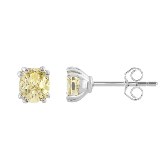 14K WHITE GOLD 1.00CT YELLOW CUSHION DIAMOND LADIES EARRINGS