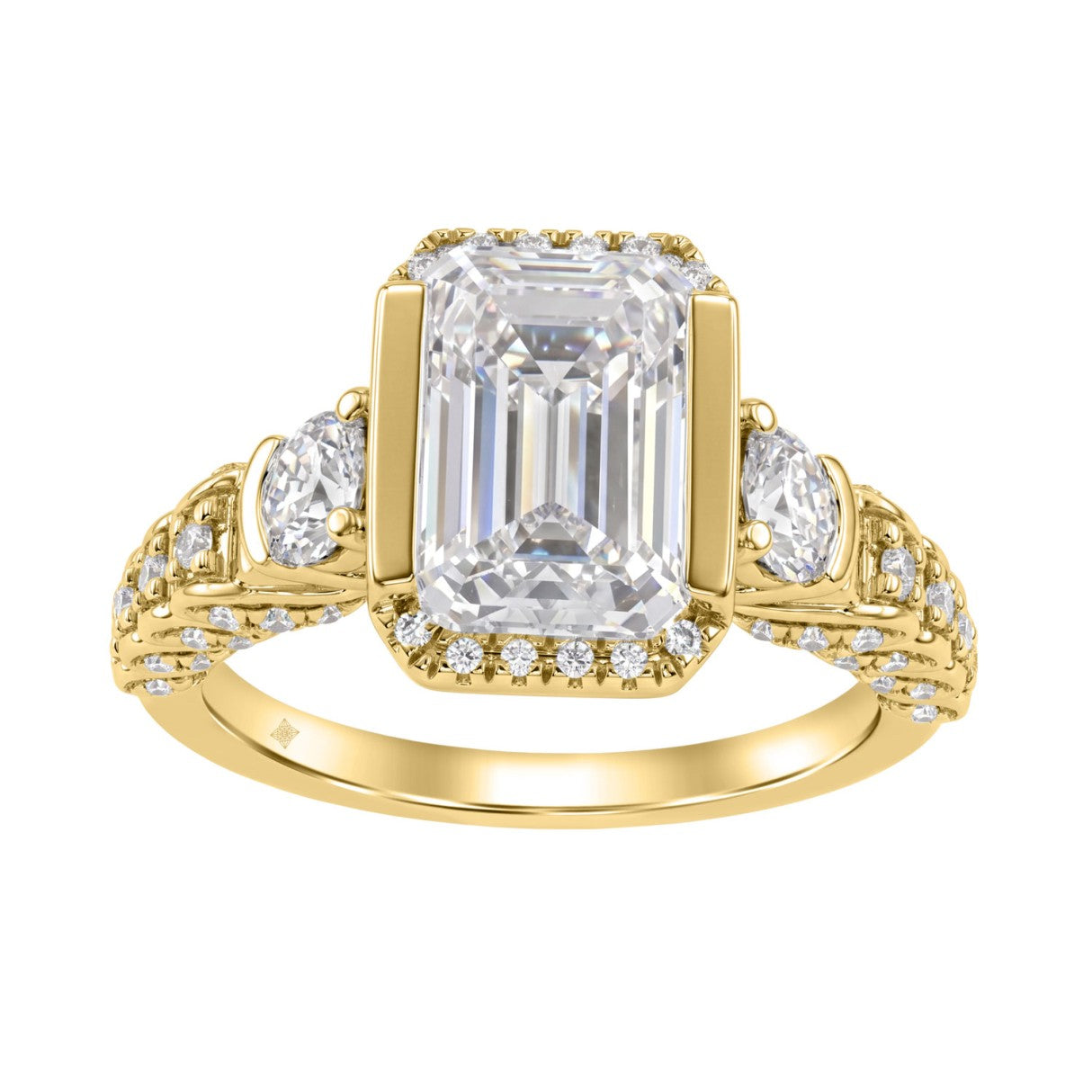 14K Yellow Gold 4.00 Ct Round & Emerald Cut Diamond Engagement Ring For Women With Side Round Diamond 3.00Ct Emerald Center Stone (Color F-G -Clarity Vs1/Vs2)