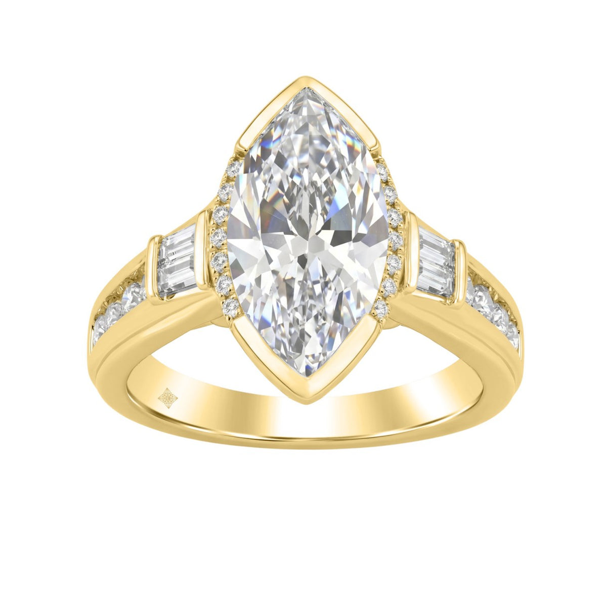 Elegant 14K Yellow Gold Diamond Engagement Ring Featuring 3 1/2Ct Round, Marquise & Baguette Diamonds With Sparkling Side Stones. Perfect For Weddings, Proposals & Anniversaries.3.00Ct Marquise Center Stone (Color F-G -Clarity Vs1/Vs2)