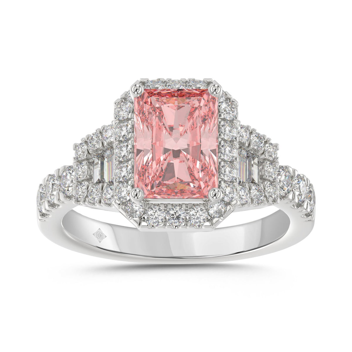 ETERNAL BLUSH COLLECTION 14K WHITE GOLD 2 3/4CT ROUND/BAGUETTE/RADIANT DIAMOND LADIES RING (CENTER STONE PINK RADIANT DIAMOND 2CT)