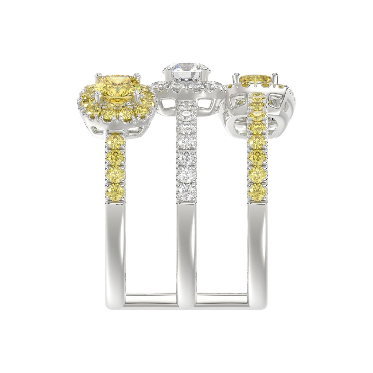14K WHITE GOLD 2 1/2CT ROUND/YELLOW CUSHION DIAMOND LADIES RING 