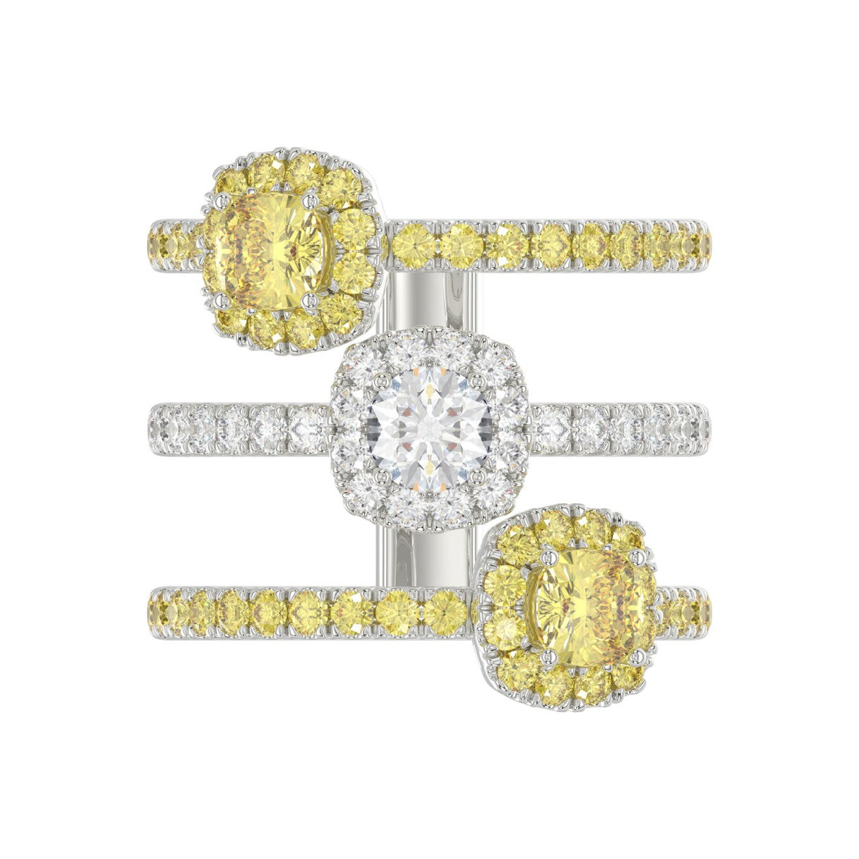 14K WHITE GOLD 2 1/2CT ROUND/YELLOW CUSHION DIAMOND LADIES RING 