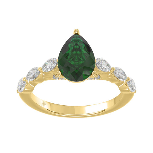 14K YELLOW GOLD 3.00CT ROUND/PEAR/MARQUISE DIAMOND LADIES RING (CENTER STONE PEAR GREEN EMERALD DIAMOND 2 1/4CT)