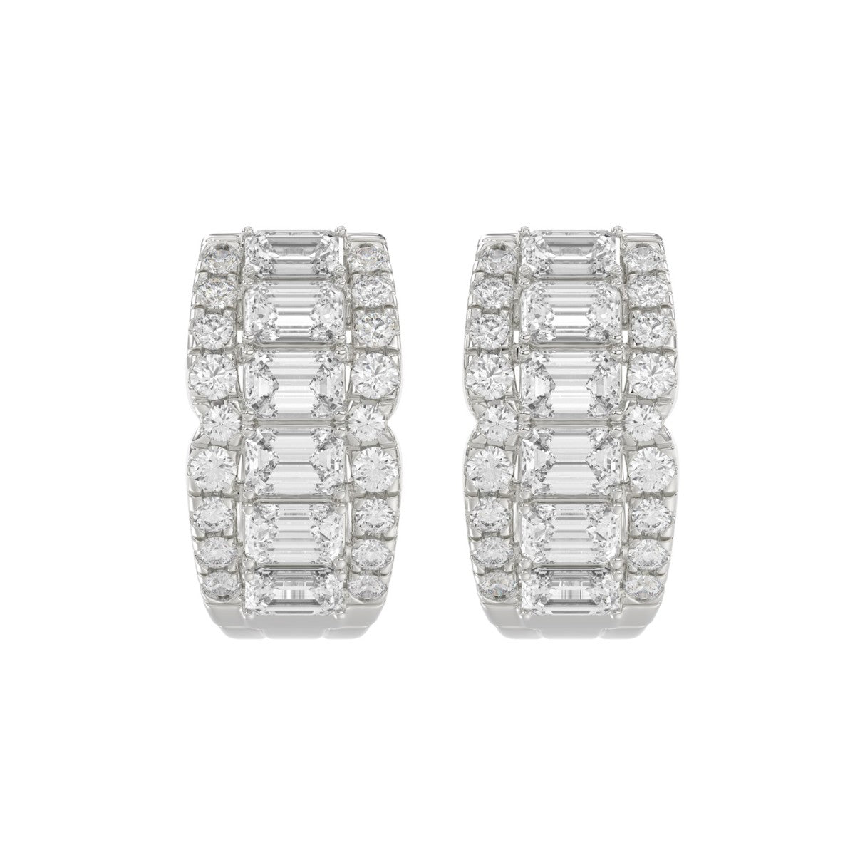 14K WHITE GOLD 1 3/4CT ROUND/EMERALD DIAMOND HOOP EARRINGS