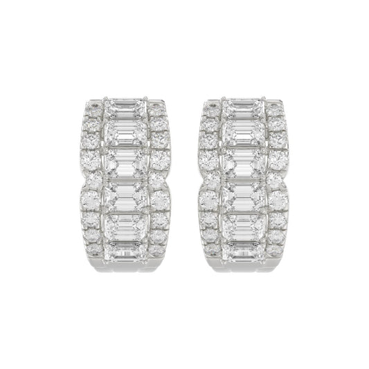 14K WHITE GOLD 1 3/4CT ROUND/EMERALD DIAMOND HOOP EARRINGS