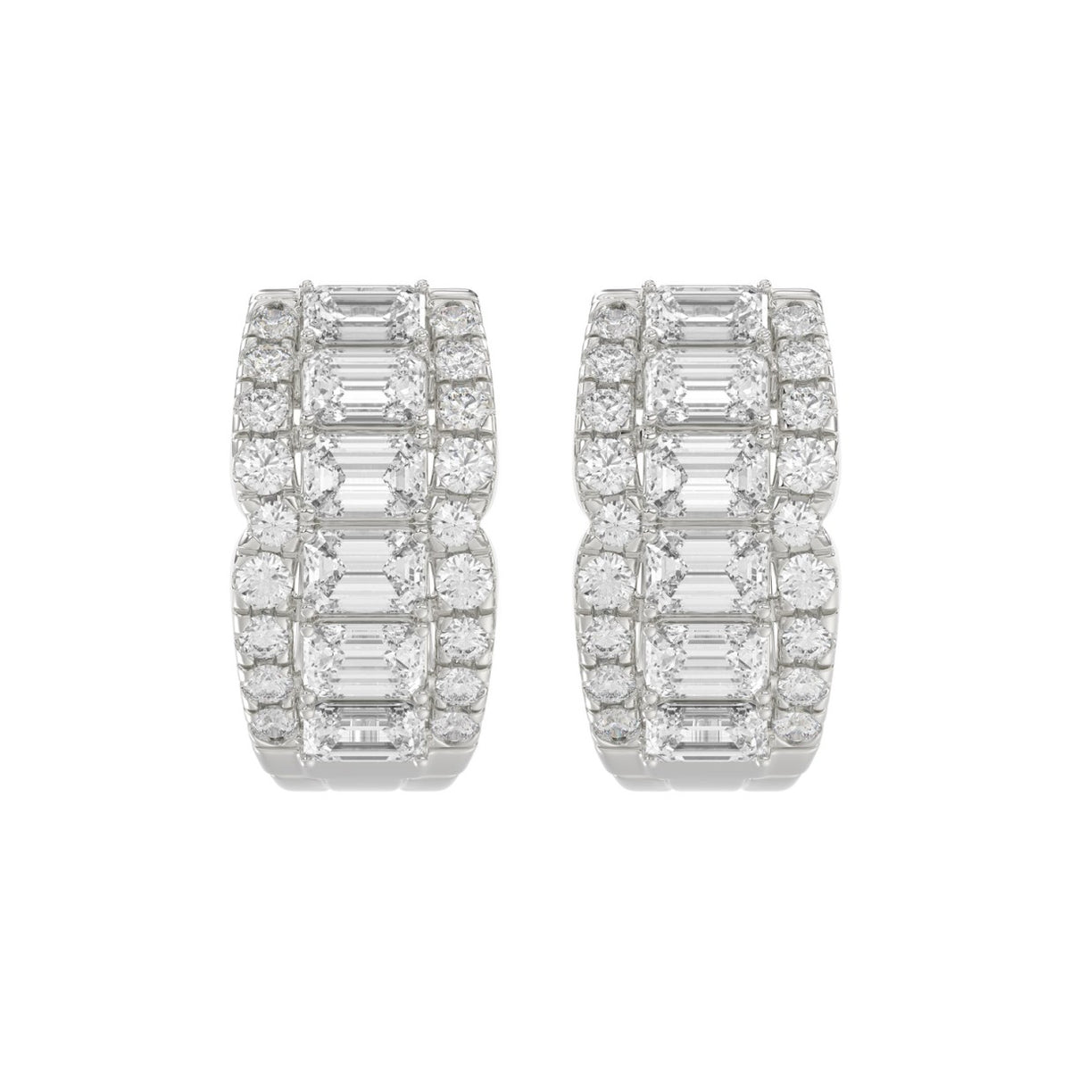 14K WHITE GOLD 1 3/4CT ROUND/EMERALD DIAMOND HOOP EARRINGS