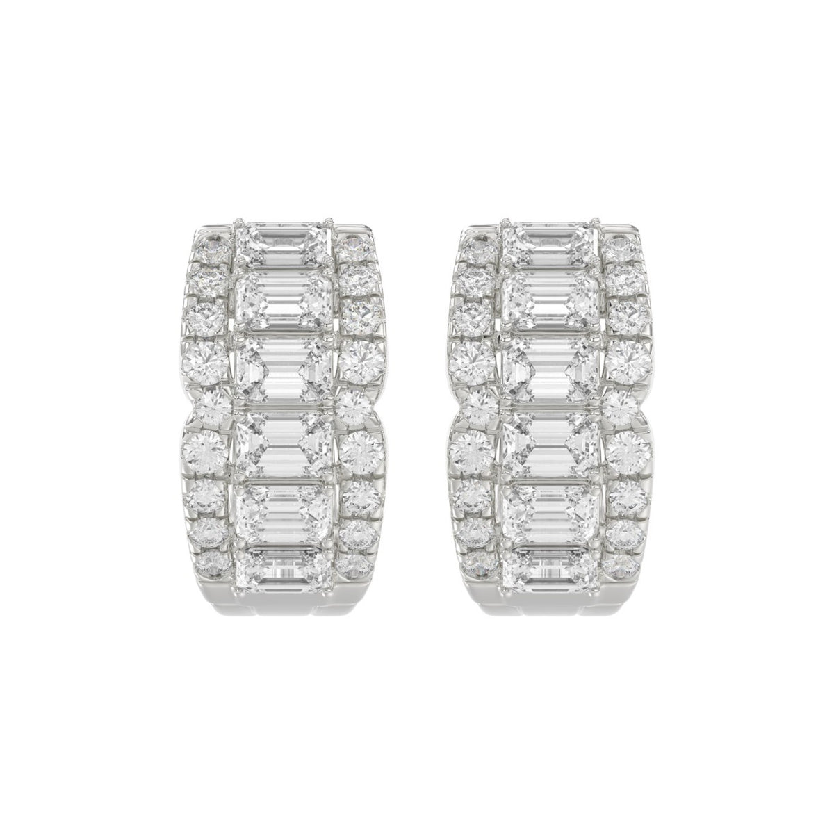 14K WHITE GOLD 1 3/4CT ROUND/EMERALD DIAMOND HOOP EARRINGS