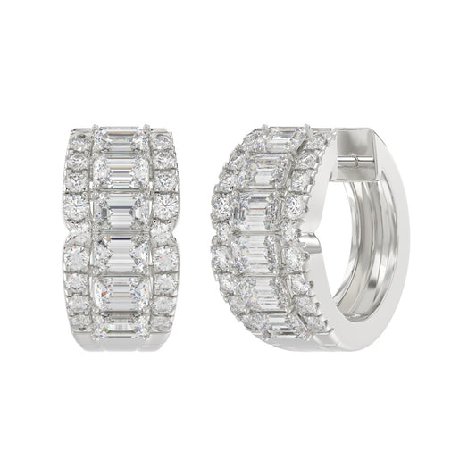 14K WHITE GOLD 1 3/4CT ROUND/EMERALD DIAMOND HOOP EARRINGS